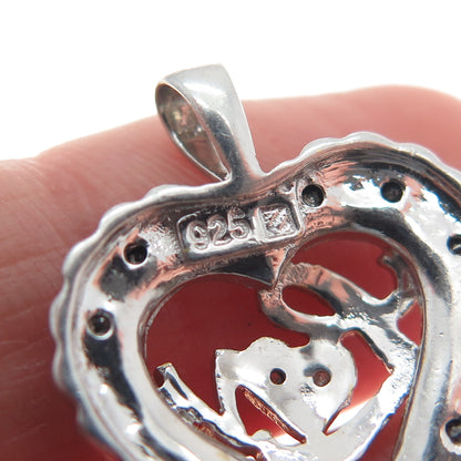 925 Sterling Silver 2-Tone Real Black & White Diamond "Love" Heart Pendant