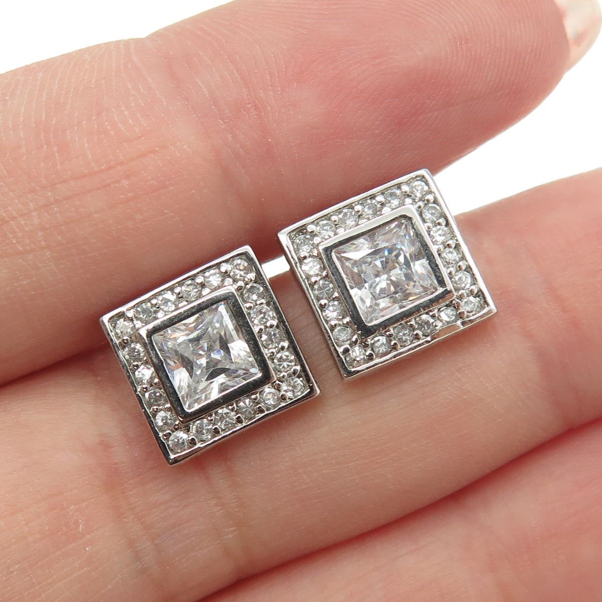 925 Sterling Silver Princess & Round-Cut C Z Stud Earrings