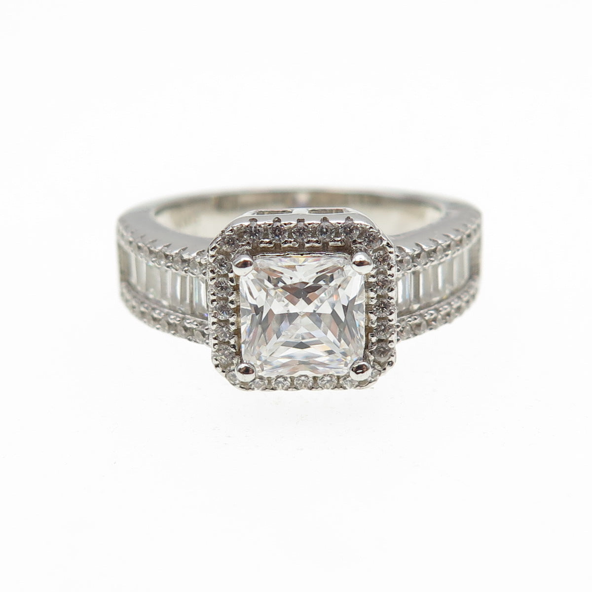 925 Sterling Silver Princess Emerald & Round-Cut C Z Engagement Ring Size 6