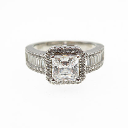 925 Sterling Silver Princess Emerald & Round-Cut C Z Engagement Ring Size 6