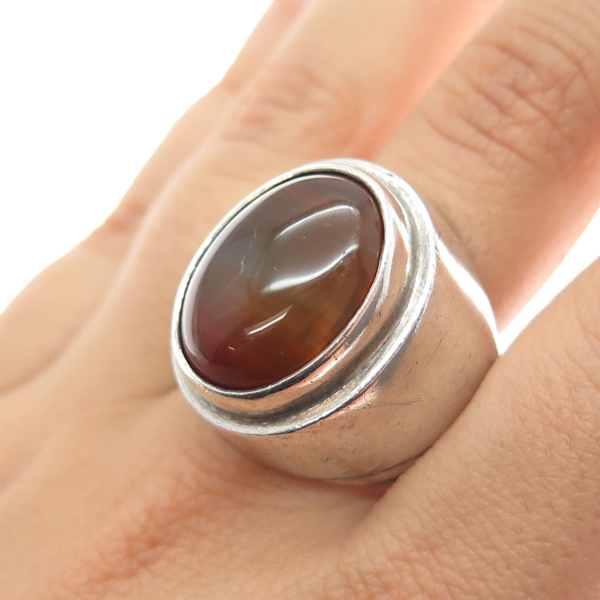925 Sterling Silver Antique Art Deco Real Cabochon Agate Ring Size 12.75