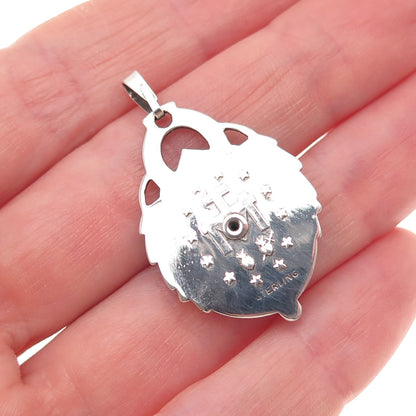 925 Sterling Silver Antique Art Deco Real MOP & Marcasite St. Mary Charm Pendant