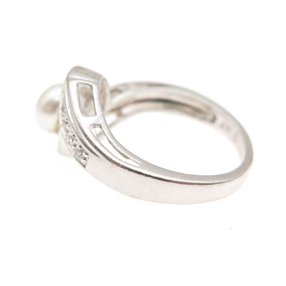 925 Sterling Silver Vintage Real Pearl & C Z Bypass Ring Size 5