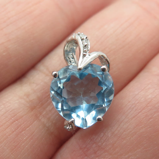 925 Sterling Silver Real Diamond & Heart-Cut Blue Topaz Minimalist Pendant