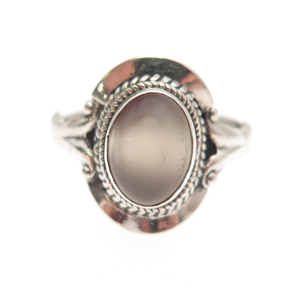 925 Sterling Silver Vintage Real Moonstone Modernist Oxidized Ring Size 9