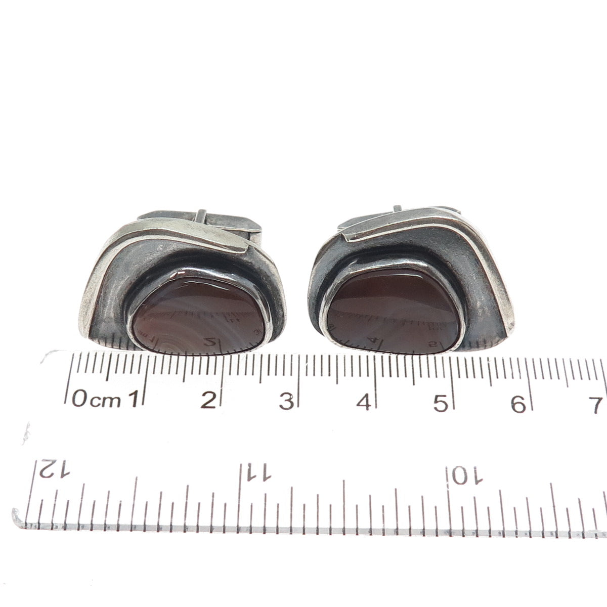 BUD COLIN 925 Sterling Silver Vintage Real Agate Modernist Oxidized Cufflinks