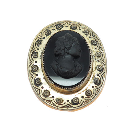 CORO 925 Sterling Silver Gold Plated Antique Art Deco Black Onyx Cameo Brooch