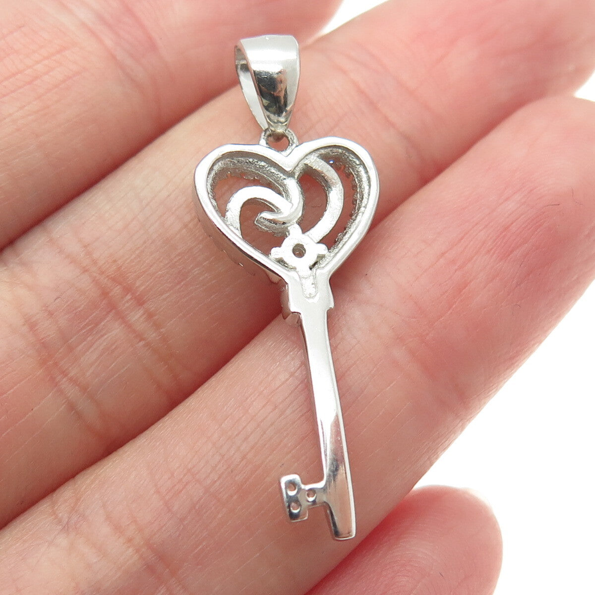 925 Sterling Silver Round-Cut C Z Heart Key Charm Pendant