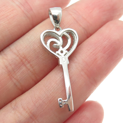 925 Sterling Silver Round-Cut C Z Heart Key Charm Pendant