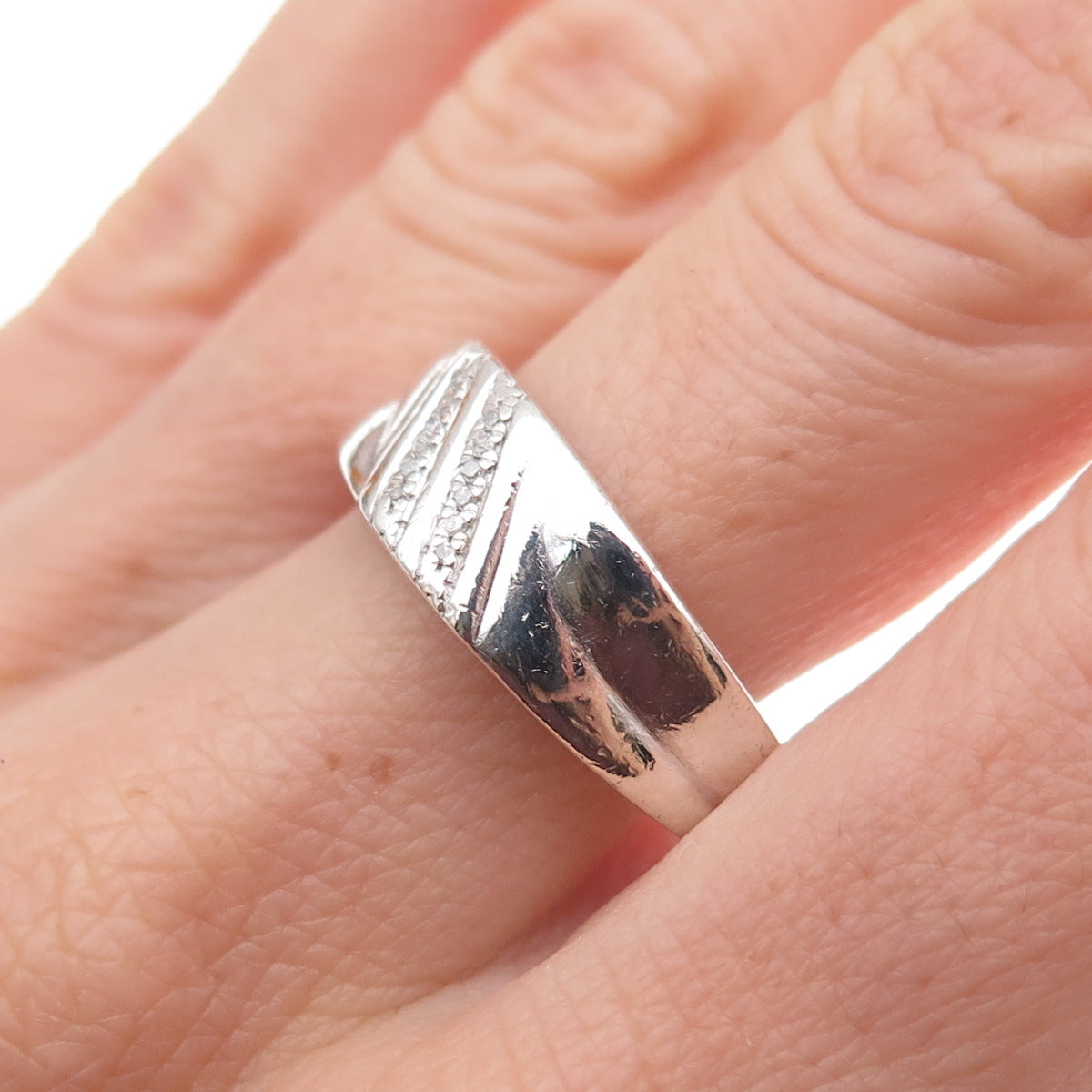 925 Sterling Silver Real Round-Cut Diamond Ring Size 10.5