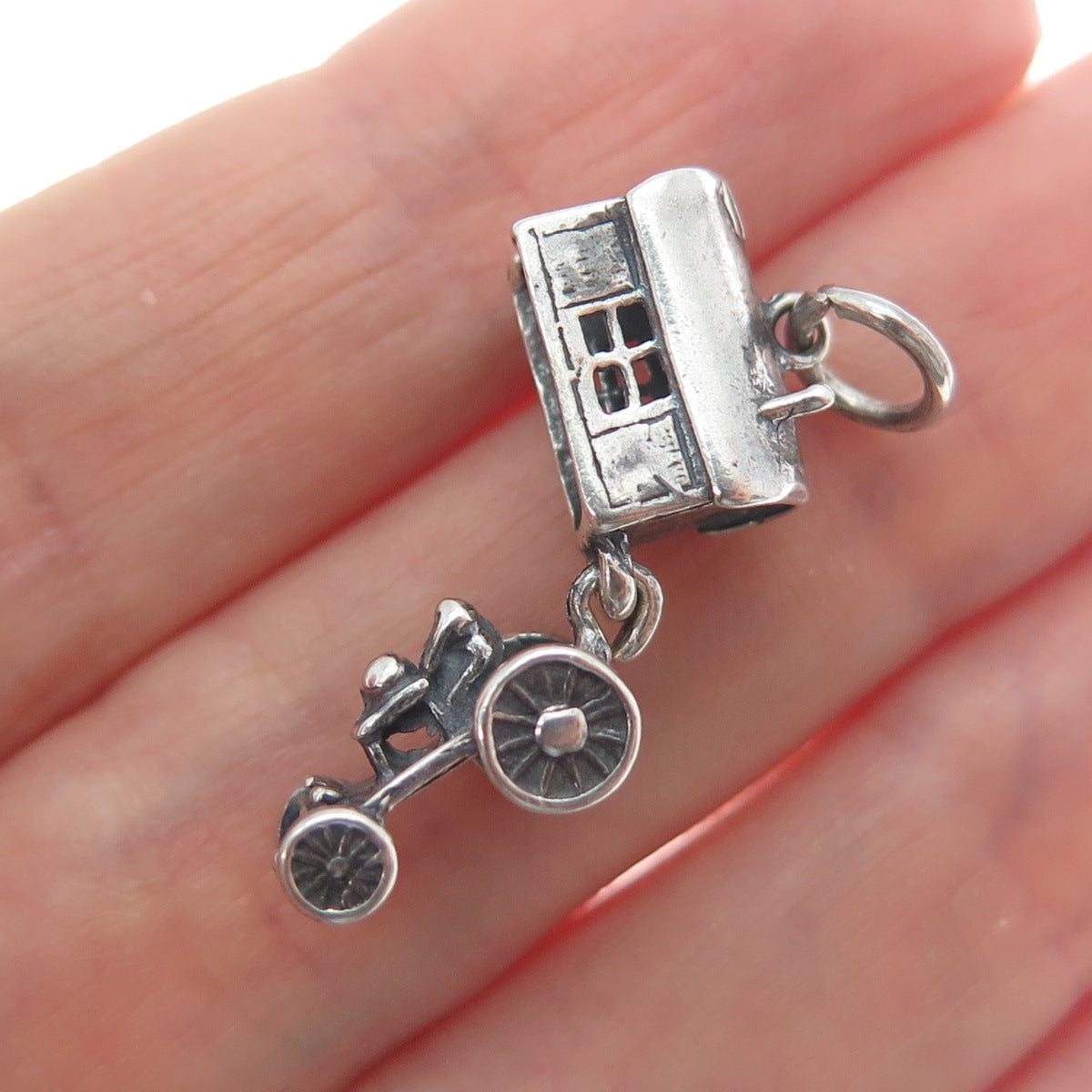 925 Sterling Silver Vintage Travel Wagon Oxidized Minimalist 3D Charm Pendant
