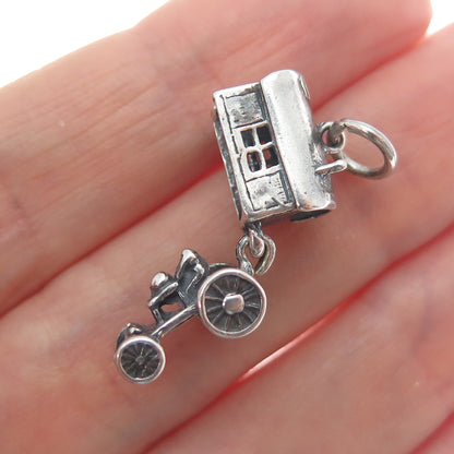 925 Sterling Silver Vintage Travel Wagon Oxidized Minimalist 3D Charm Pendant