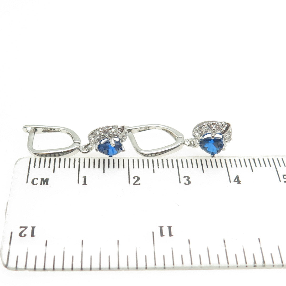925 Sterling Silver White & Blue C Z Heart Dangling Earrings