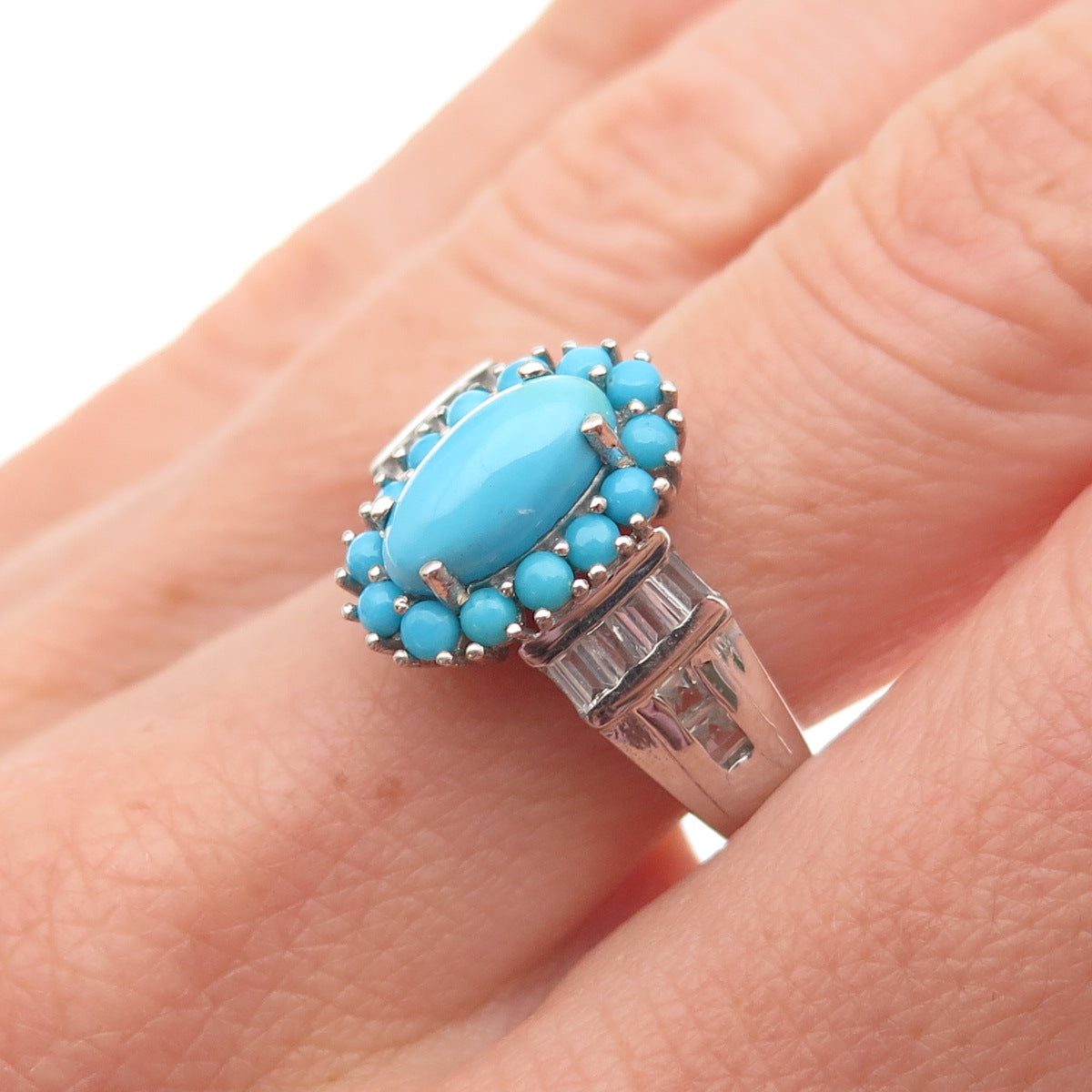Chuck Clemency 925 Sterling Silver Real Turquoise & White Topaz Ring Size 8
