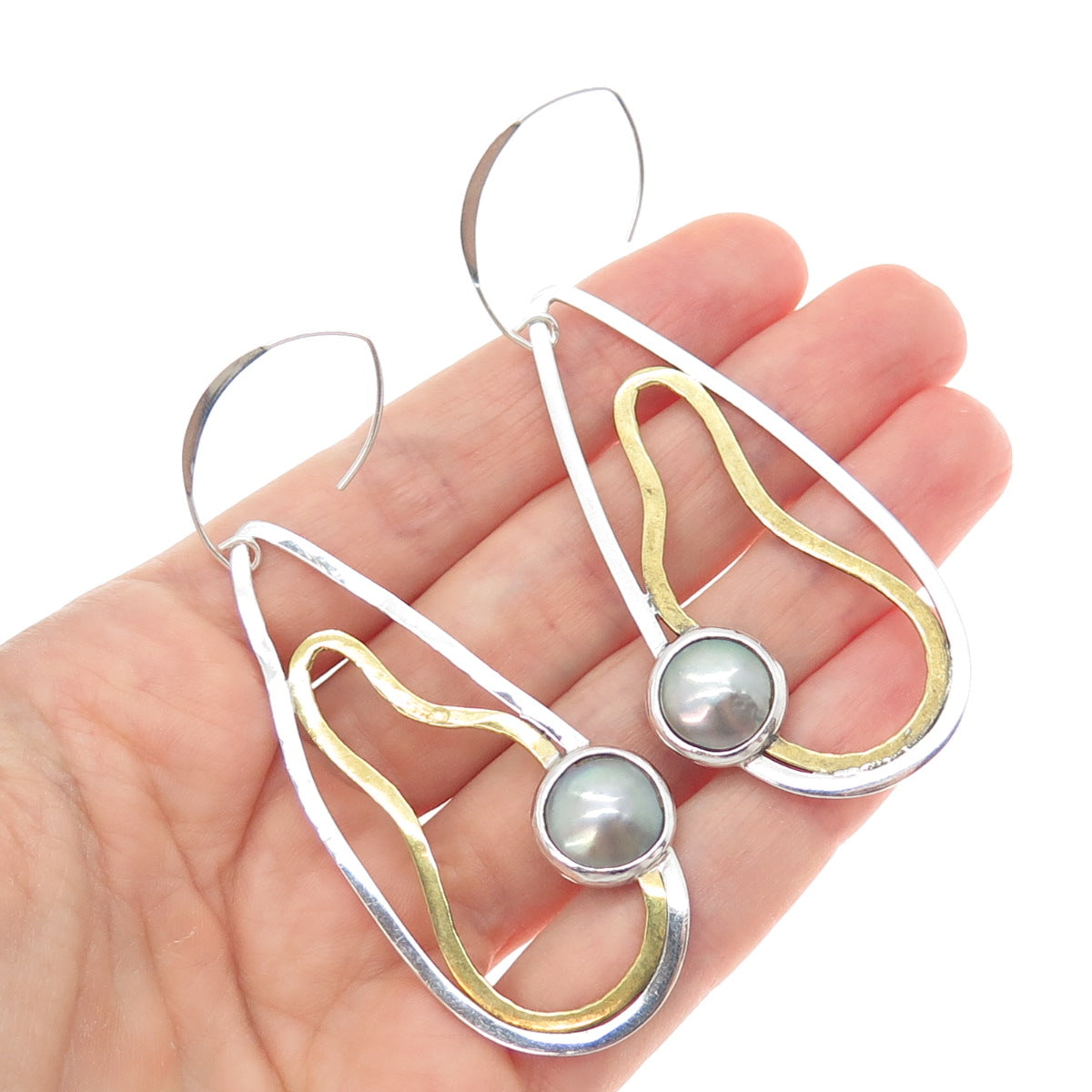 925 Sterling Silver 2-Tone Vintage Real Pearl Modernist Hammered Dangle Earrings