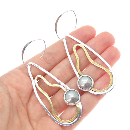 925 Sterling Silver 2-Tone Vintage Real Pearl Modernist Hammered Dangle Earrings