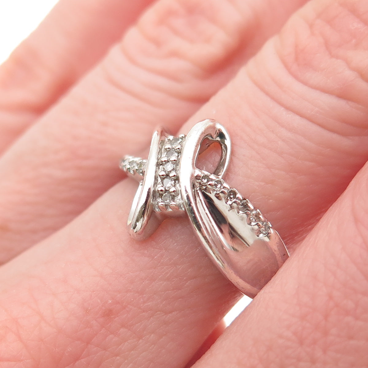 SUN 925 Sterling Silver Real Round-Cut Diamond Bypass Ring Size 6.75