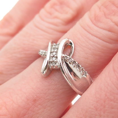 SUN 925 Sterling Silver Real Round-Cut Diamond Bypass Ring Size 6.75