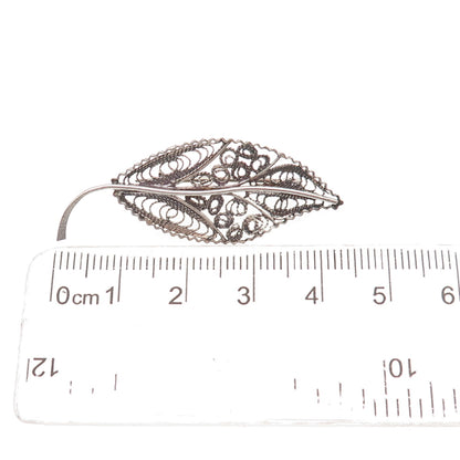 925 Sterling Silver Vintage Floral Leaf Filigree Oxidized Pin Brooch