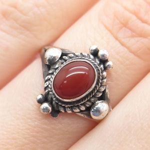 925 Sterling Silver Vintage Real Carnelian Beaded Oxidized Ring Size 7.25