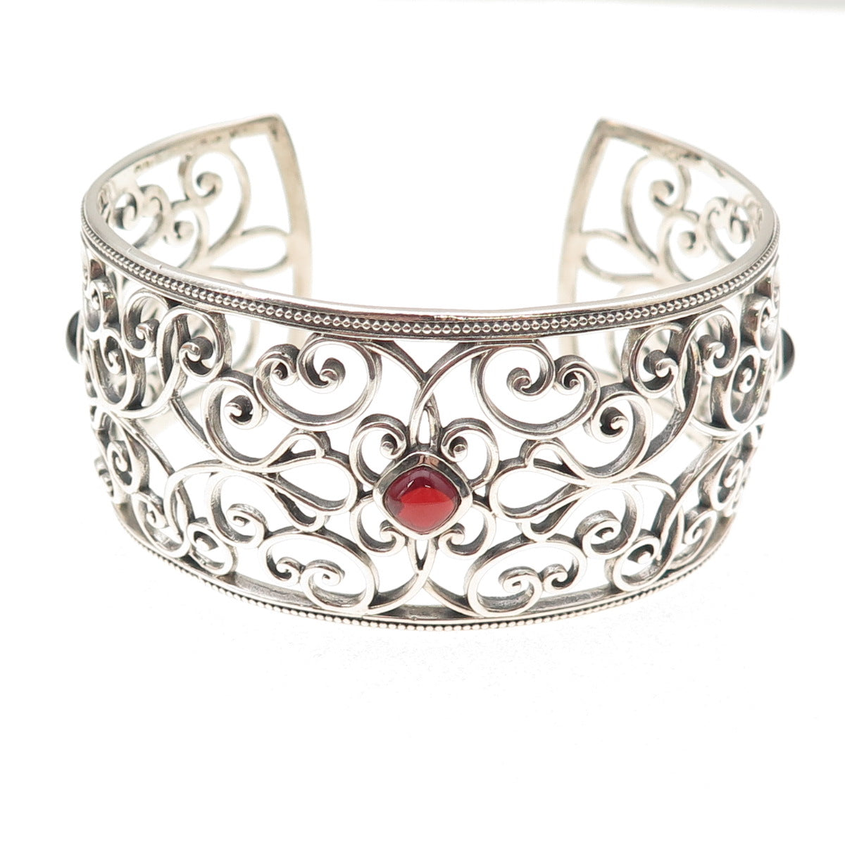 925 Sterling Silver Vintage Real Red Garnet Floral Adjustable Bracelet 7.25"