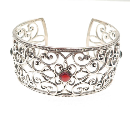 925 Sterling Silver Vintage Real Red Garnet Floral Adjustable Bracelet 7.25"