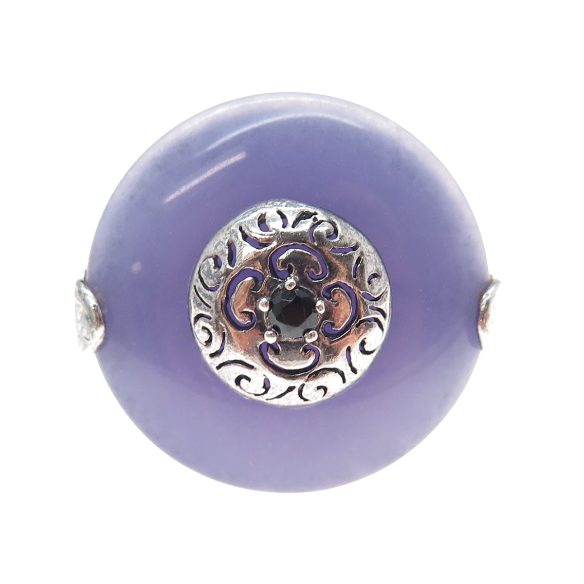 925 Sterling Silver Vintage Real Lavender Jade Black Onyx Statement Ring Size 7