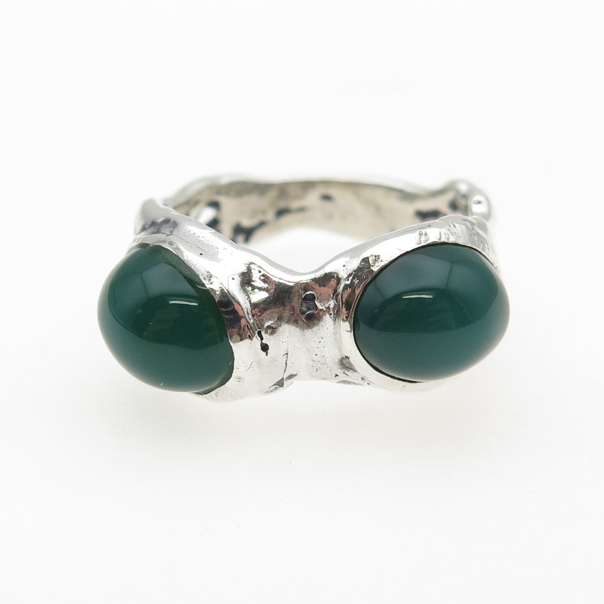 925 Sterling Silver Vintage Real Green Onyx Modernist Oxidized Ring Size 8.5