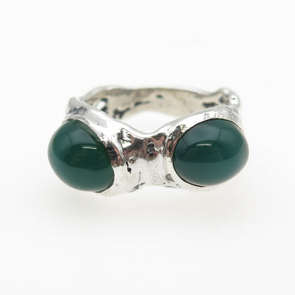 925 Sterling Silver Vintage Real Green Onyx Modernist Oxidized Ring Size 8.5