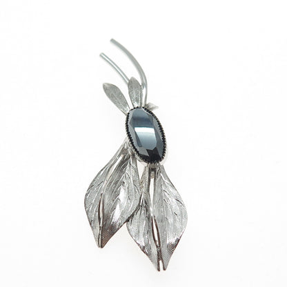 CURTIS CREATIONS 925 Sterling Silver Antique Real Hematite Flora Leaf Pin Brooch