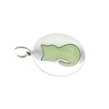 925 Sterling Silver Green Enamel Cat Round Tag Minimalist Charm Pendant