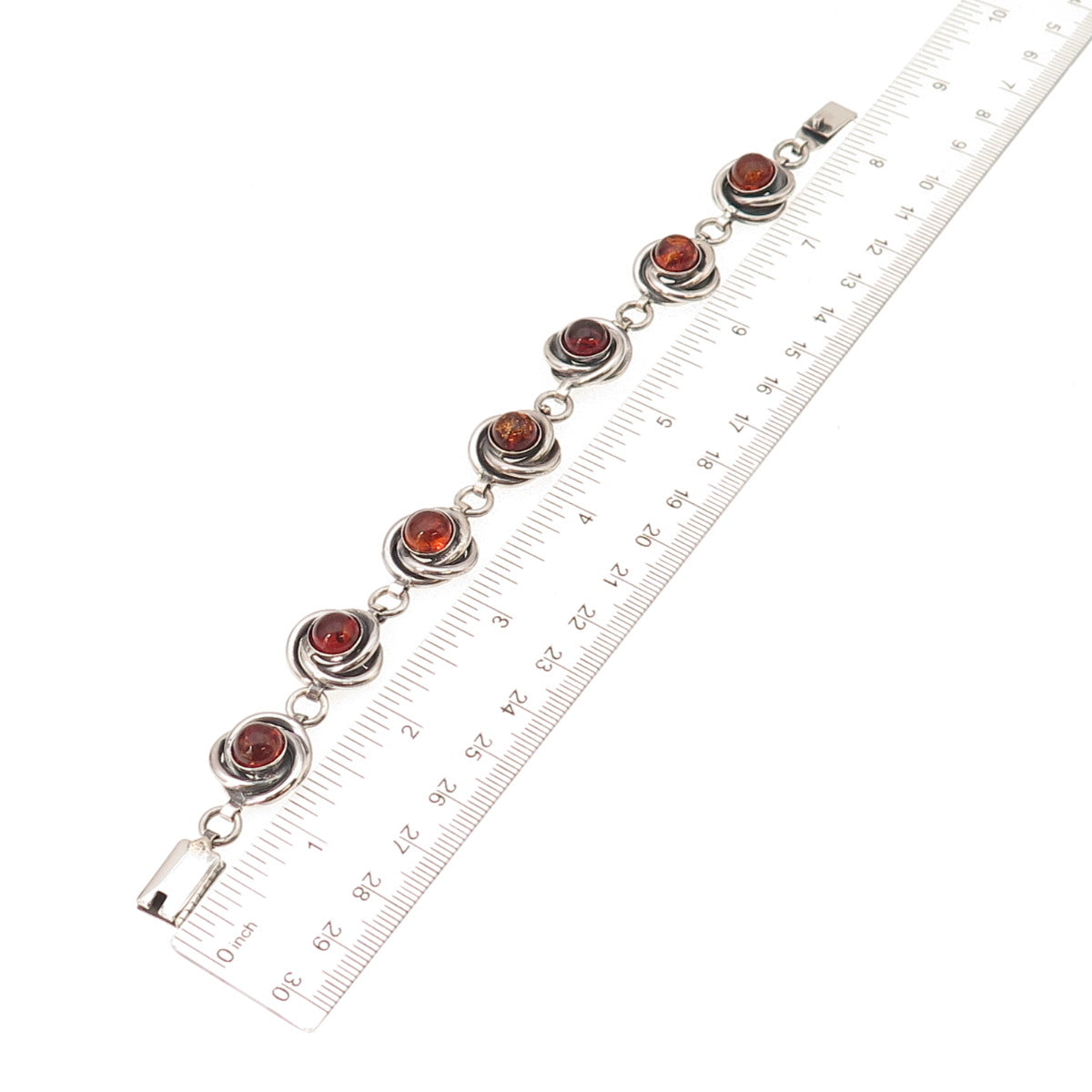 925 Sterling Silver Vintage Mexico Real Amber Trinity Link Bracelet 7.5"
