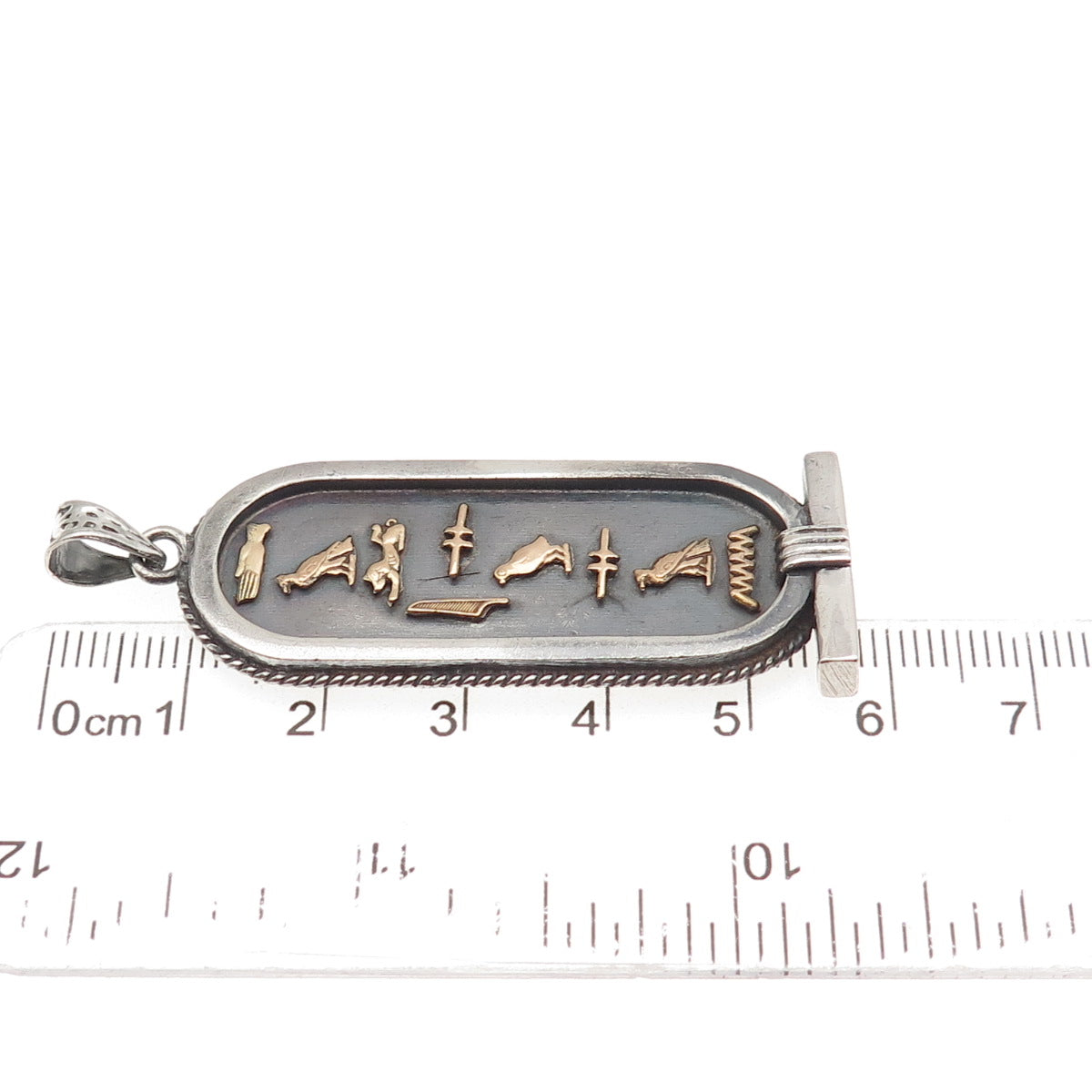 800 Silver 2-Toine Vintage Egyptian Cartouche Scarab Oxidized Pendant