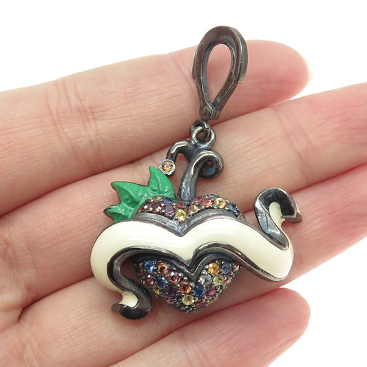 925 Sterling Silver Black Rhodium Enamel Real Multi-Color Sapphire Heart Pendant