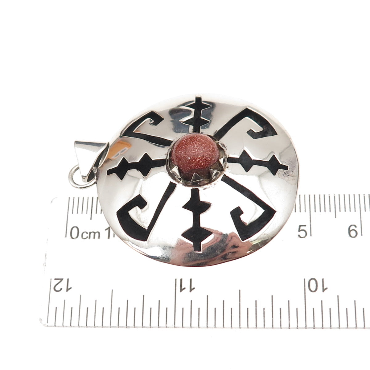 925 Sterling Silver Vintage Mexico Real Goldstone Aztec Shadow Box Pendant