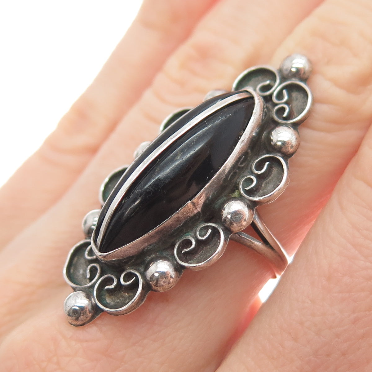 925 Sterling Silver Vintage Mexico Real Black Onyx Modernist Ring Size 6.75