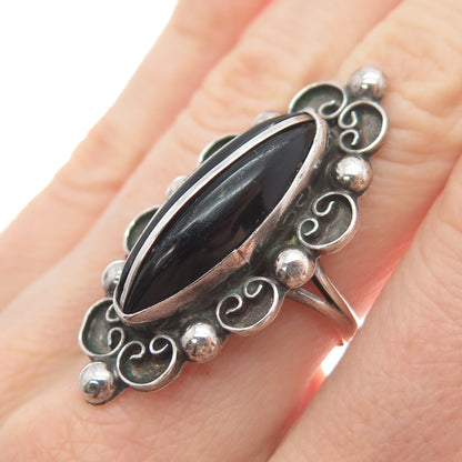 925 Sterling Silver Vintage Mexico Real Black Onyx Modernist Ring Size 6.75