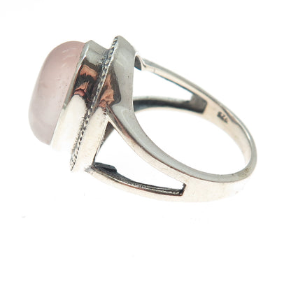 925 Sterling Silver Vintage Real Cabochon Rose Quartz Granulated Ring Size 7.25