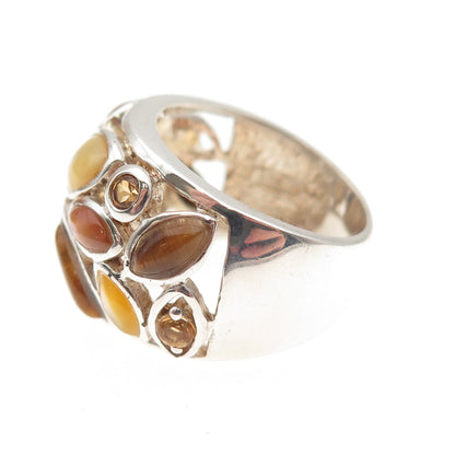 925 Sterling Silver Vintage Real Tiger Eye Citrine & MOP Cluster Ring Size 6