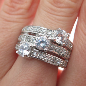 925 Sterling Silver Round-Cut C Z 3-Row Promise Ring Size 7.5