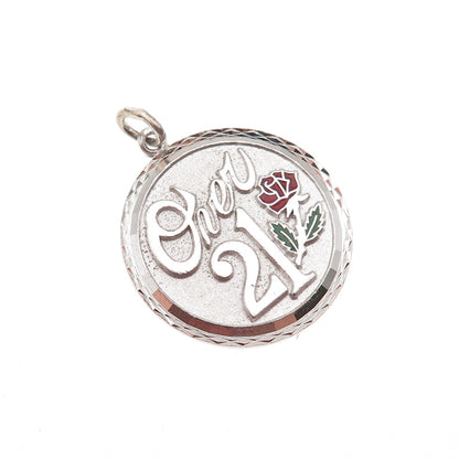 Griffith & Sons 925 Sterling Silver Vintage Enamel Over 21 Rose Charm Pendant