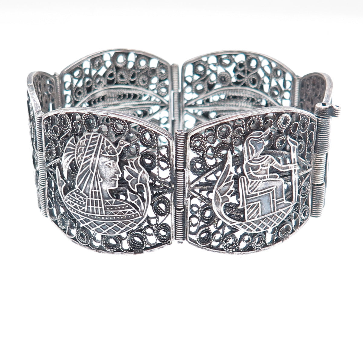 800 Silver Antique Egyptian Storyteller Filigree Oxidized Panel Link Bracelet 7"