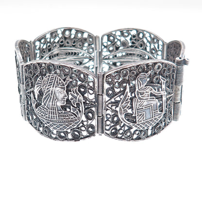 800 Silver Antique Egyptian Storyteller Filigree Oxidized Panel Link Bracelet 7"