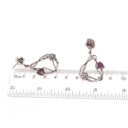 Or Paz PZ Sterling Silver Vintage Israel Real Amethyst Floral Teardrop Earrings