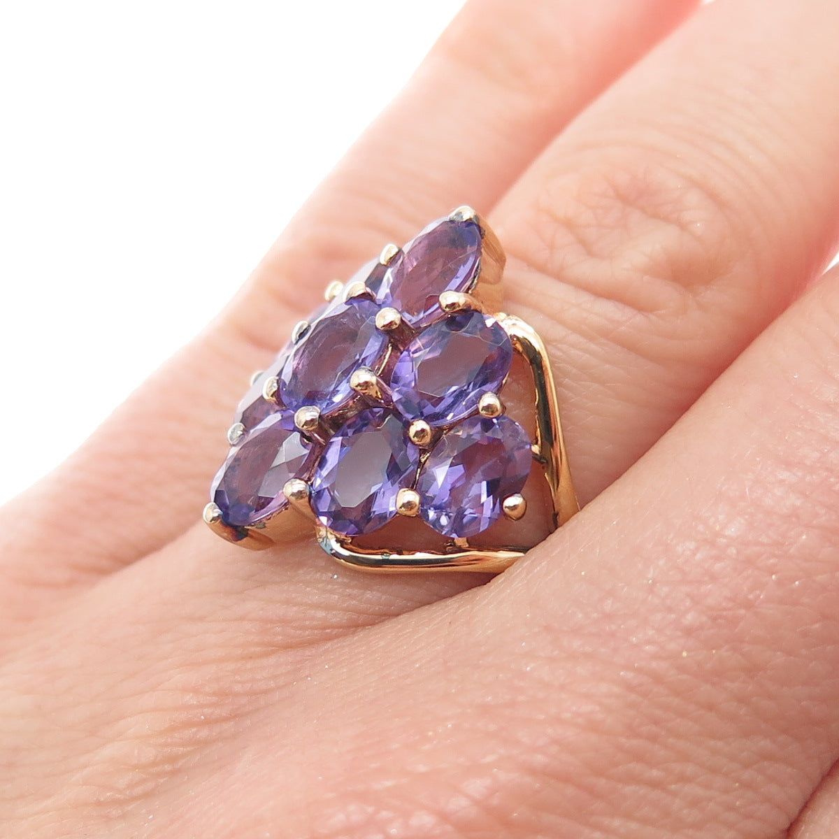 925 Sterling Silver Gold Plated Real Oval-Cut Amethyst Cluster Ring Size 7