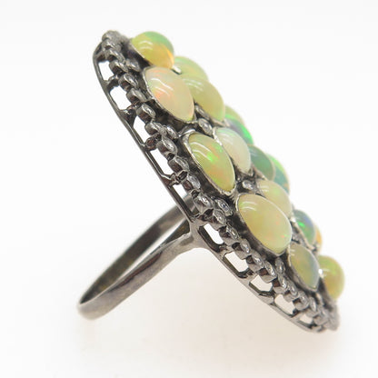 925 Sterling Silver Black Rhodium Real Opal & White Topaz Cluster Ring Size 6.75