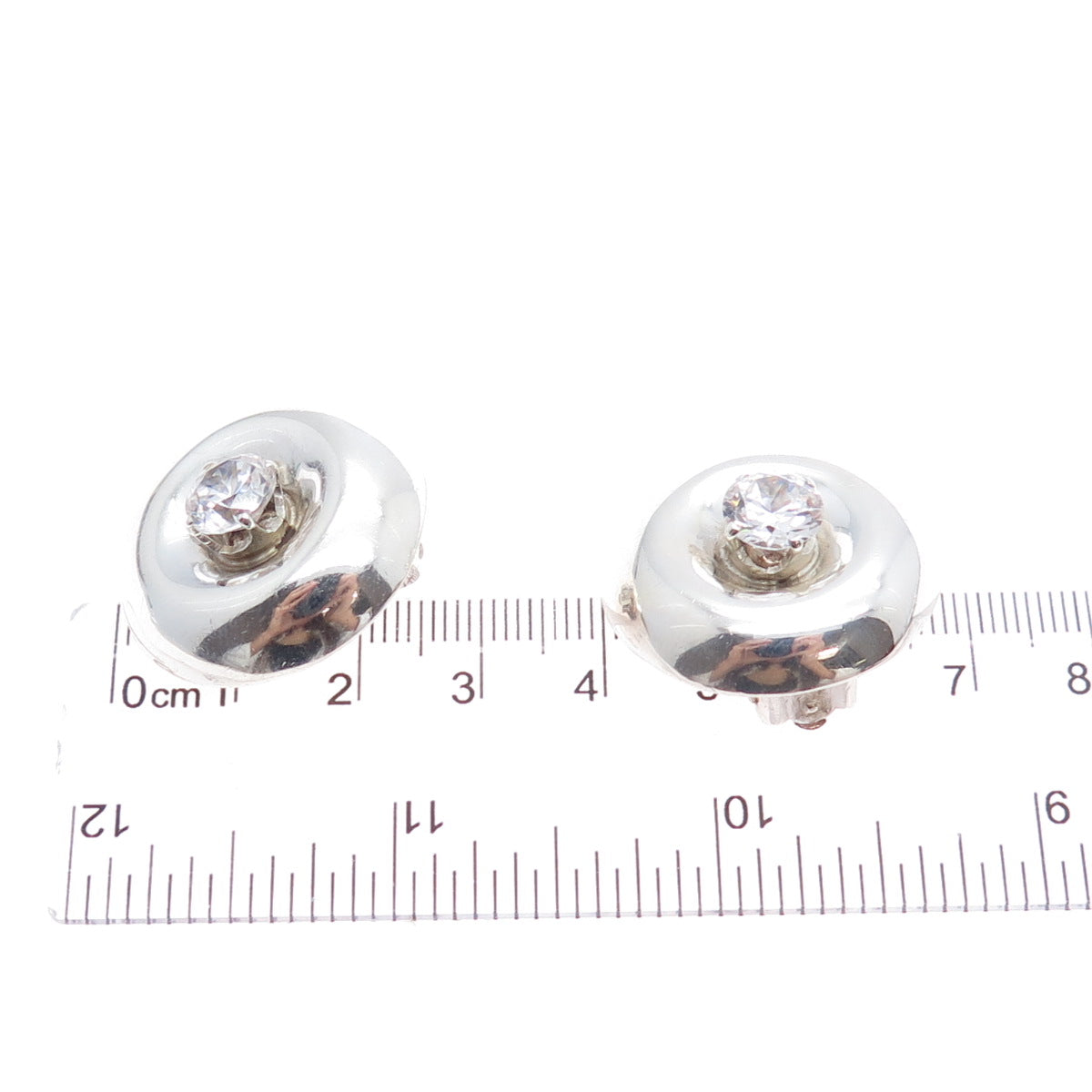 925 Sterling Silver Vintage Mexico Round-Cut C Z Modernist Clip On Earrings