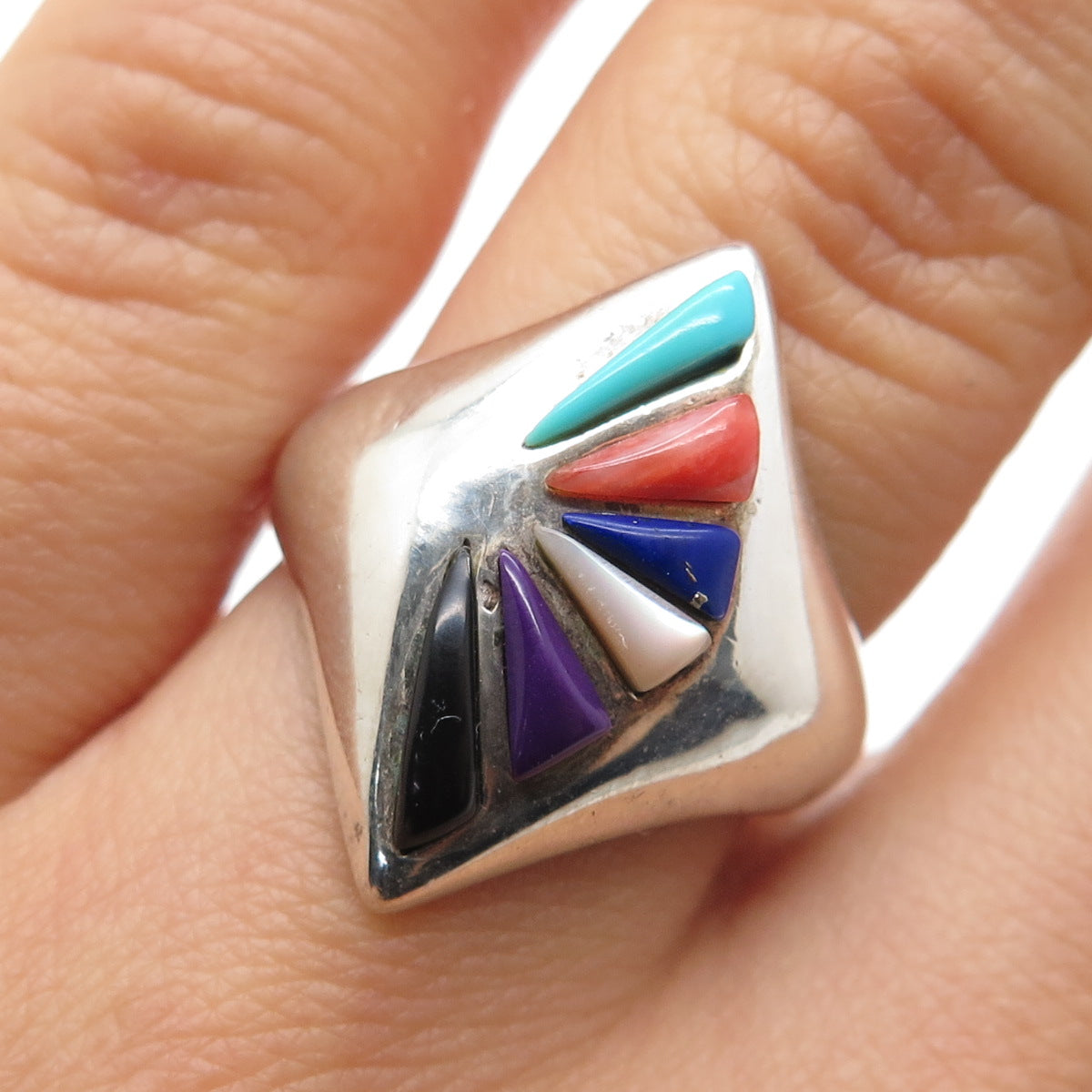 CHIMNEY BUTTE Old Pawn Sterling Turquoise Coral Onyx MOP Sugilite Ring Size 7.25