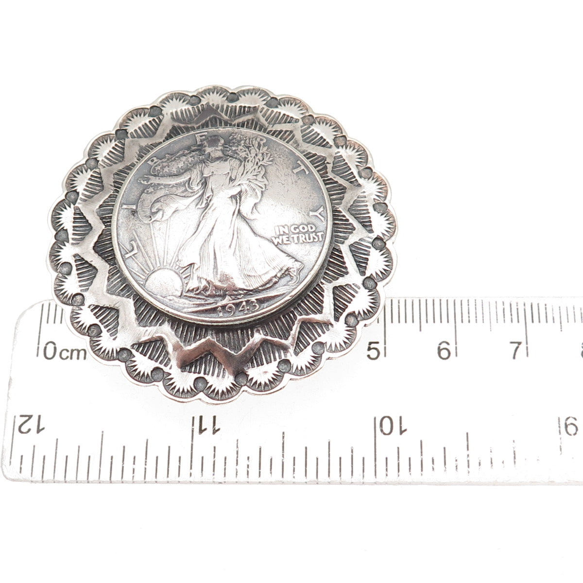 Buffalo Dancer Old Pawn 900 & 925 Silver Antique 1943 Liberty Half Dollar Buckle