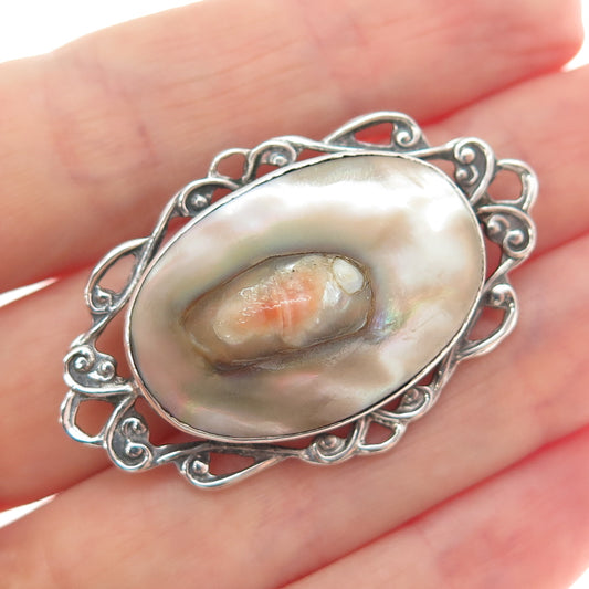 925 Sterling Silver Antique Art Deco Real Blister Pearl Oxidized Pin Brooch